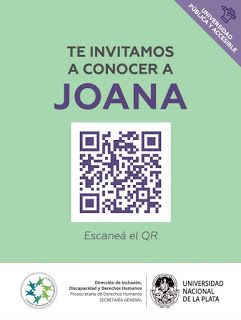 La imagen muestra la gráfica que contiene el código QR en primer plano para escanear y el texto de invitación para conocer a Joana