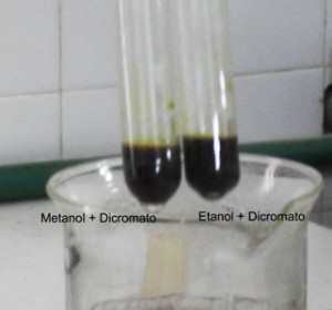La reacción se pone en evidencia con el color verde del cromo (III) formado en la reacción